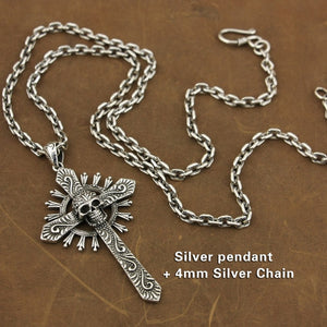 High Detail Sterling Silver Skull Cross Unique Pendant Necklace Chain