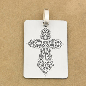 Sterling Silver Cross Tag Deep Detailed Engraved Pendant Necklace