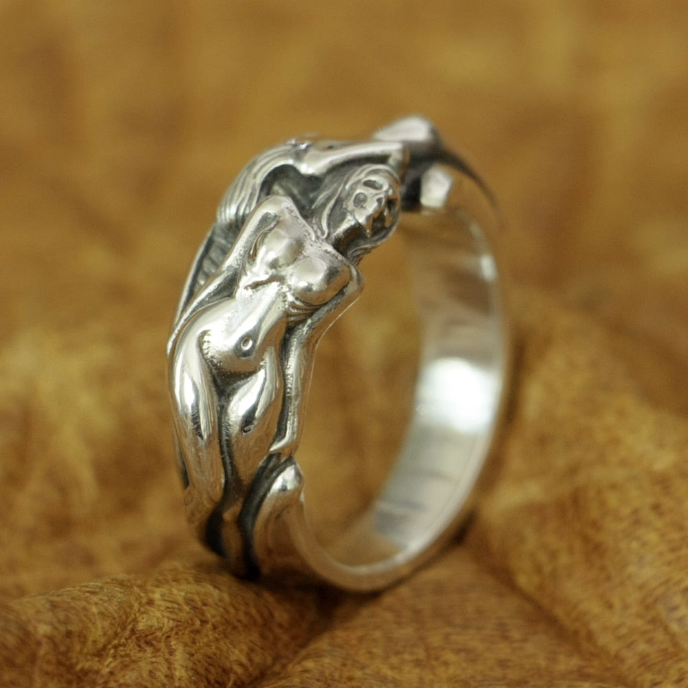 Sterling Silver Sexy Naked Beauty Skull Ring US Size 7~15