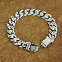 Sterling Silver Magnetic Button Bracelet Cross Engraved Link Chain