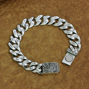 Sterling Silver Magnetic Button Bracelet Cross Engraved Link Chain