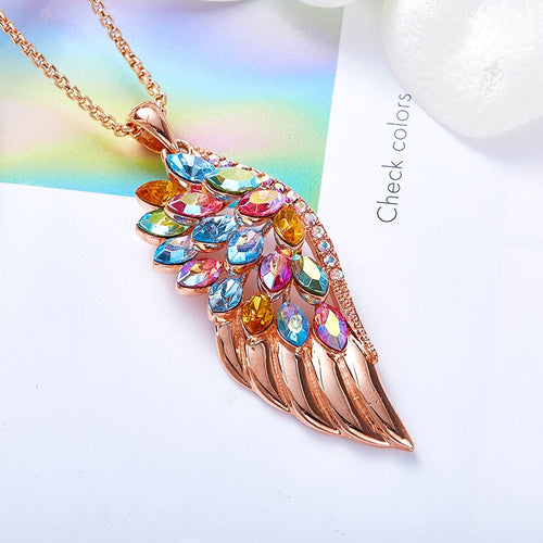 Rose Gold Phoenix Feather Necklace with Colorful Crystals from Swarovski