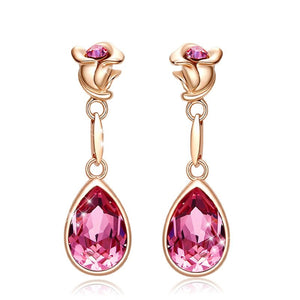 Rose Flower & Teardrop Crystal Statement Earrings